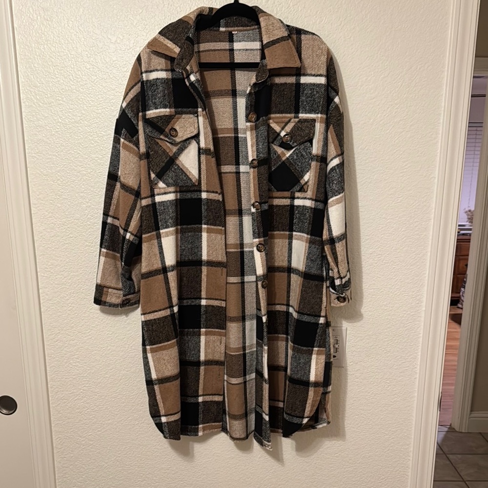 Plaid Longline Jacket - Black, Brown, and Cream